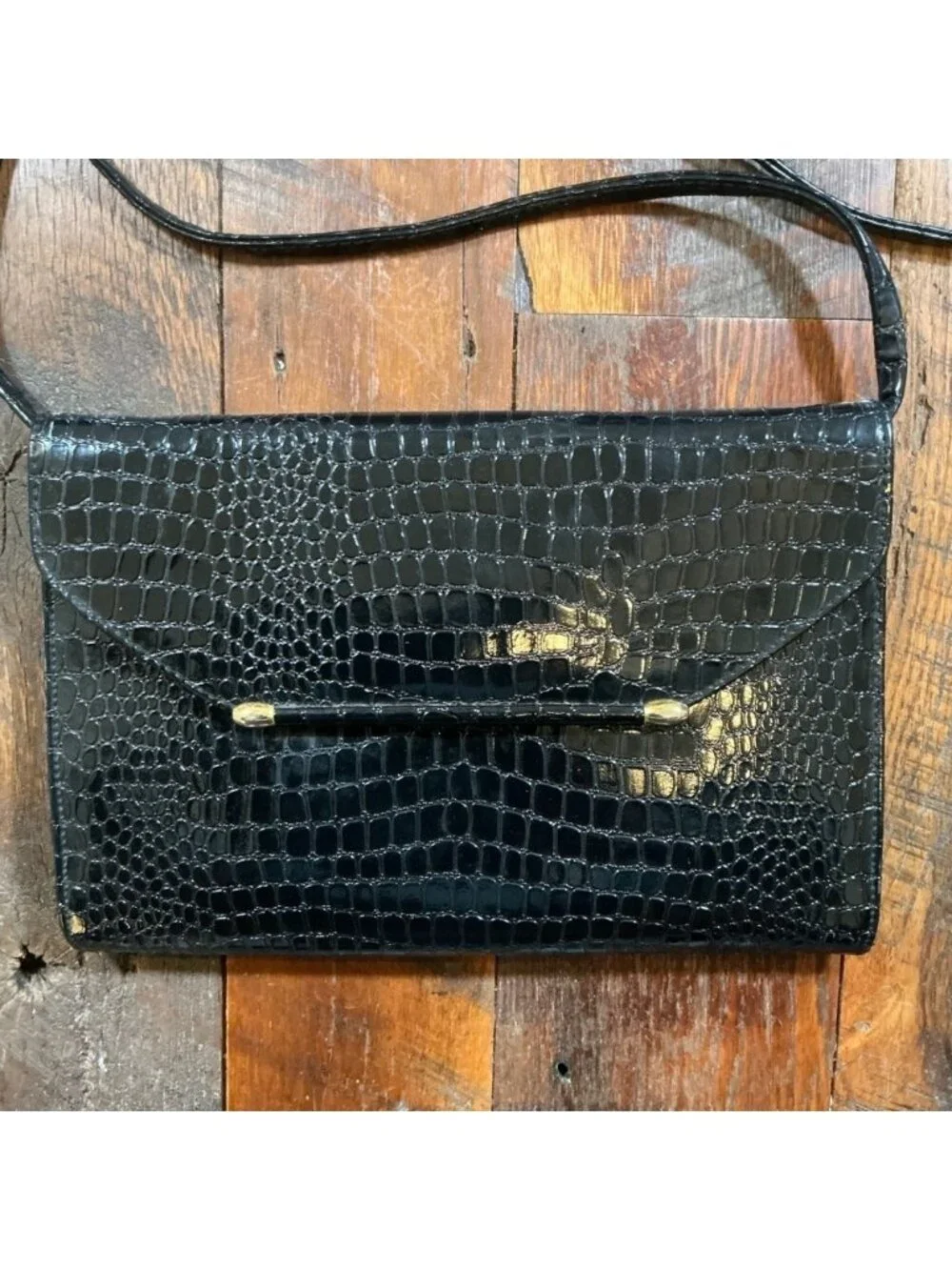 Vintage Black Croc Embossed Shoulder Bag Clutch Crossbody Convertible